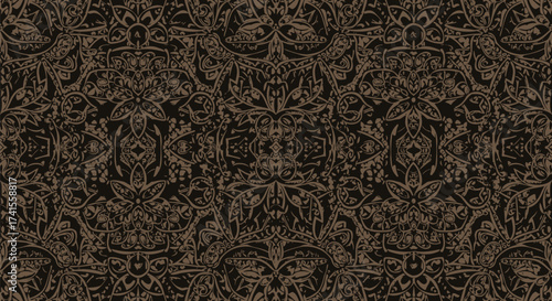 Ornamental pattern in brown and black. Floral, plant, and organic motif design. Symmetrical repeat tile
