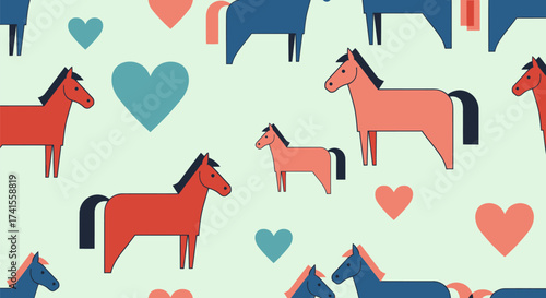 Stylized horse pattern with hearts on a light green background