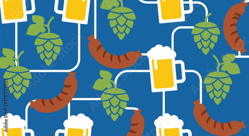 Oktoberfest pattern with beer mugs, hops, and sausage on blue
