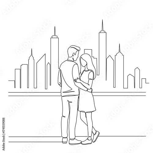 Couple embracing with city skyline backdrop in linear style  
