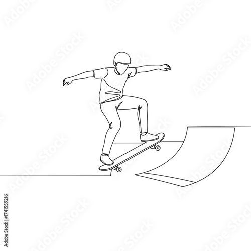 Boy skateboarding on a ramp in a minimalist sketch style  