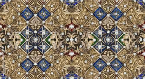 Ornate repeating pattern with jewel accents and floral motifs