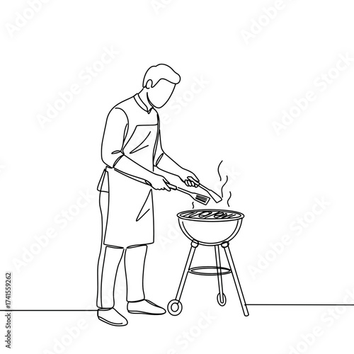 Man grilling meat on barbecue in minimalistic style  