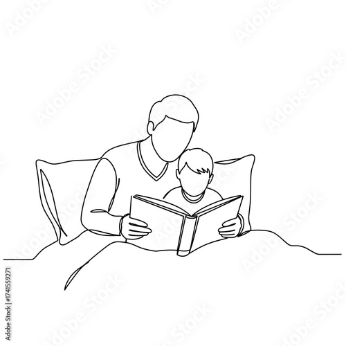 Father reading bedtime story to son in bed at home  