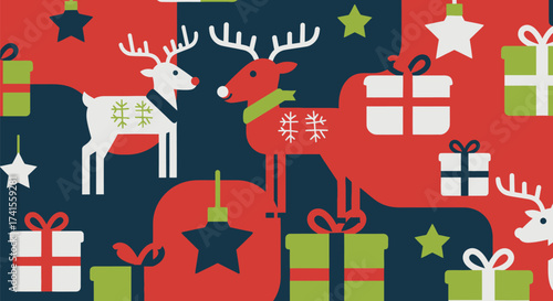 Holiday themed pattern of deer, presents, stars, on dark and red background