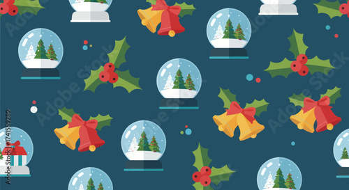 Festive pattern with snow globes, holly, & bells on a blue background