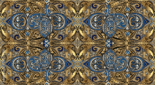 Ornate pattern with blue and gold, featuring repeating, swirling motifs