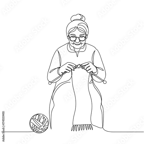 Elderly woman knitting a scarf with yarn at home  