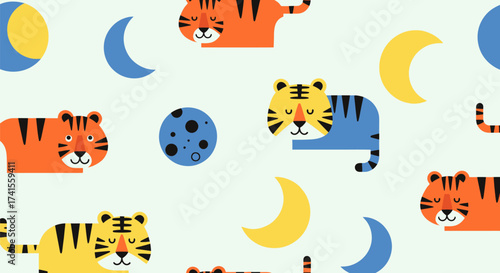 Abstract pattern blocky tigers, yellow/blue crescents, on light background