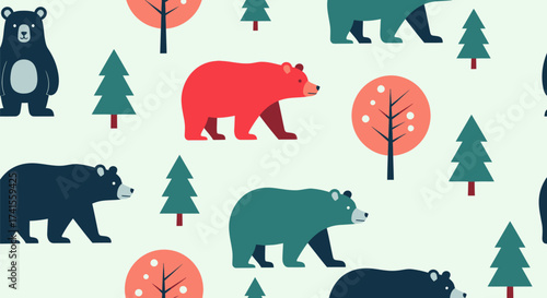 Seamless pattern blocky bears, evergreen & round trees on pale background