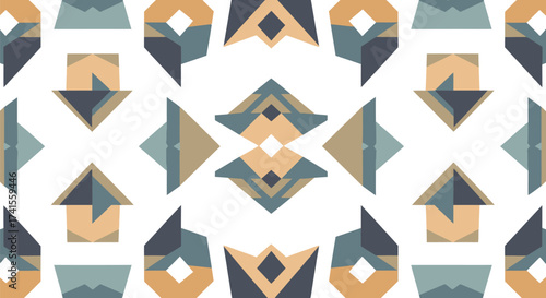Geometric pattern featuring stylized shapes in muted earth tones on a white background