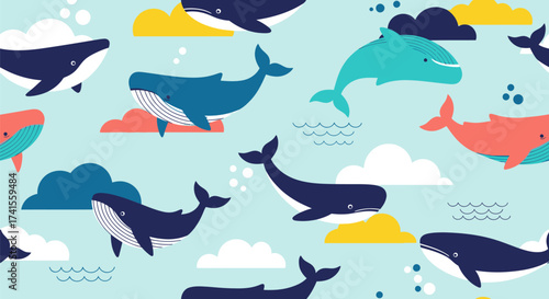 Cute, flat vector pattern of cartoon whales swimming among colorful clouds on a pale blue background