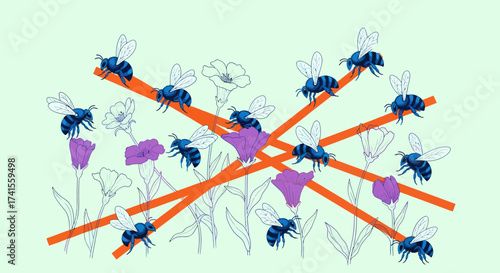 Blue bees and flowers crossed by orange lines