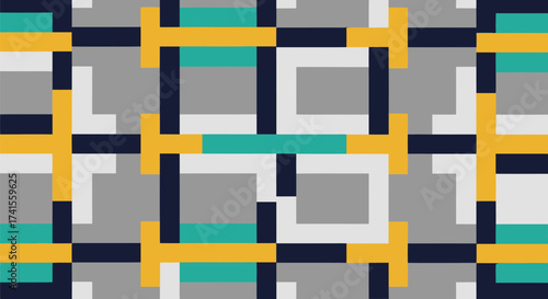 Abstract geometric color block pattern, teal, gray, navy, gold