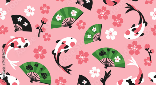 Pink pattern with koi fish, cherry blossoms, and fans