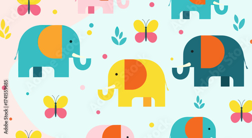 Colorful flat design pattern with elephants, butterflies, leaves, and dots on a light blue background