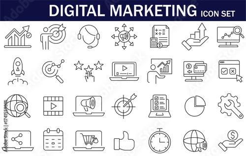 Digital marketing icon set featuring line art symbols for SEO, analytics, social media, content marketing, and online advertising. Perfect for web, app, and presentation design.
