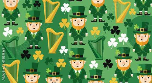 Leprechauns, harps, clovers repeat on green background