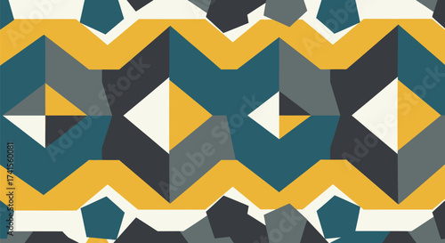 Geometric pattern of teal, gray, gold, and white shapes, arranged symmetrically and abstractly