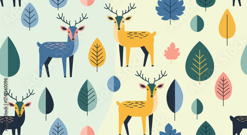 Colorful geometric deer and leaves on a light background