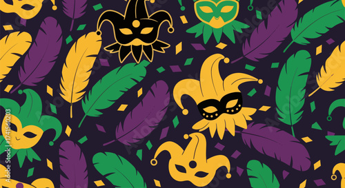 Patterned background with Mardi Gras masks, feathers, confetti