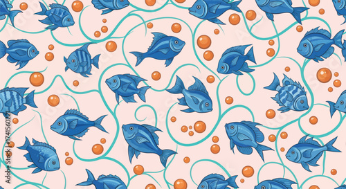 Blue fish pattern with bubbles and vines