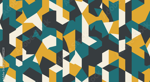 Abstract geometrical shapes in teal, mustard, grey, and cream repeating pattern