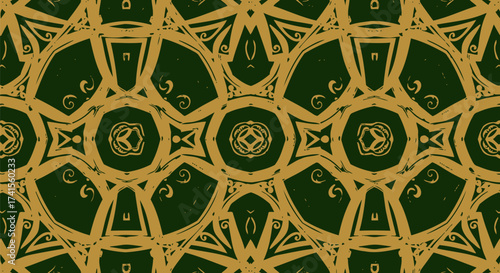 Ornate abstract pattern in olive and deep green, with floral-like shapes
