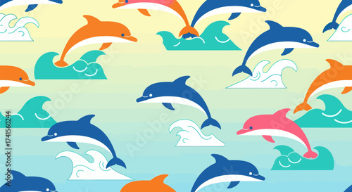Playful dolphin pattern in blue, orange, pink and waves on a gradient background