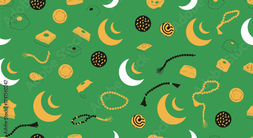 Green background with crescent moons, sweets, and prayer beads pattern