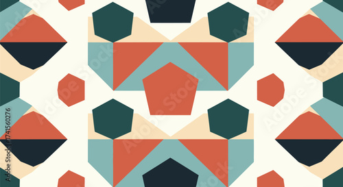 Geometric pattern of hexagons, triangles, and pentagons in teal, terracotta, cream, and dark green