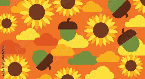 Autumn pattern sunflowers, acorns, clouds on orange background