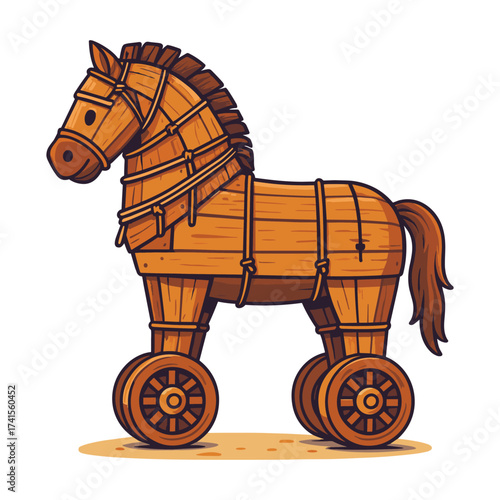 Simple cartoon illustration of the legendary Trojan Horse, a wooden structure on wheels from Greek mythology.