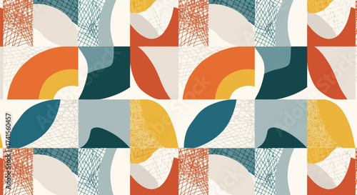 Abstract pattern with geometric shapes and textured fills in warm & cool colors