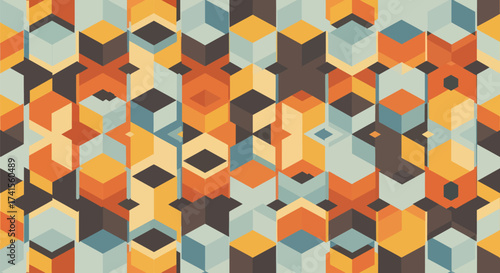 Retro geometric pattern. 3D shapes in orange, blue, brown, & yellow