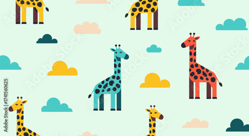 Pattern of stylized giraffes and clouds in bright colors on a pale green background