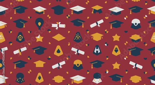 Grad pattern Mortarboards, scrolls, stars, and crests on a maroon background