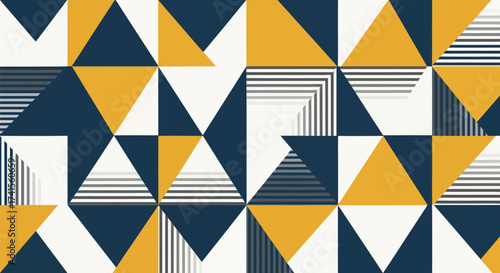 Abstract pattern of geometric shapes in yellow, blue, white, and gray