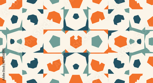 Obraz na plátně Geometric pattern of abstracted shapes in teal, orange, and beige arranged in a