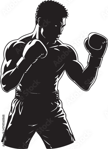 black vector of boxer mid punch in silhouette