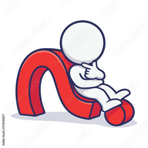 White cartoon character sitting on a large red question mark in a thoughtful, contemplative pose.