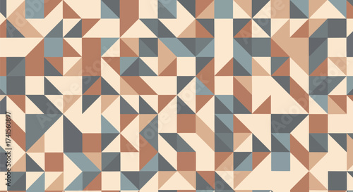 Geometric pattern with triangles, squares in tan, brown, and blue