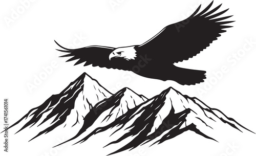 black vector of soaring eagle over mountain in silhouette 