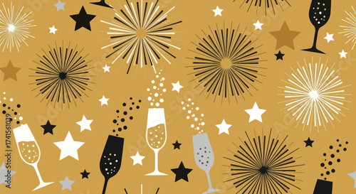 Festive pattern with champagne glasses, star shapes, and firework bursts on golden background