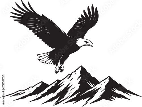 black vector of soaring eagle over mountain in silhouette 