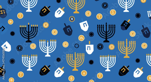 Hanukkah icons menorahs, dreidels, gelt on blue