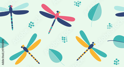 Colorful dragonflies and leaves scattered on a light green background in a flat, stylized design