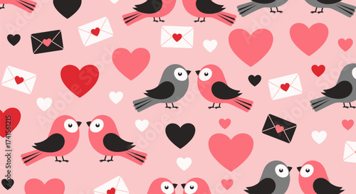 Whimsical Valentine pattern with birds, hearts, and love letters on a pink backdrop