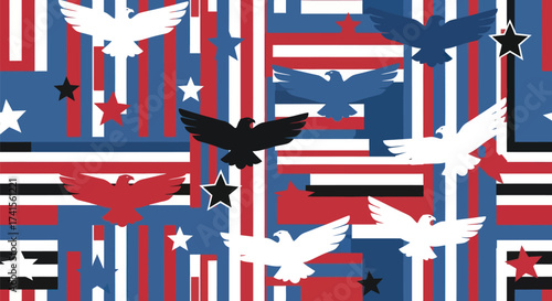 Patriotic pattern with birds and stars over blue, red, and white stripes
