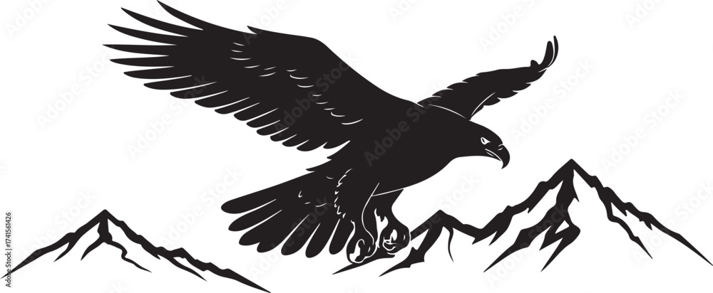 Obraz premium black vector of soaring eagle over mountain in silhouette 